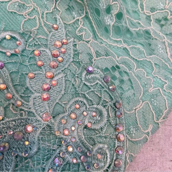 Mint Green and Silver Lace Mac Duggar Floor Length Prom Gown Size 12 - Picture 8 of 16